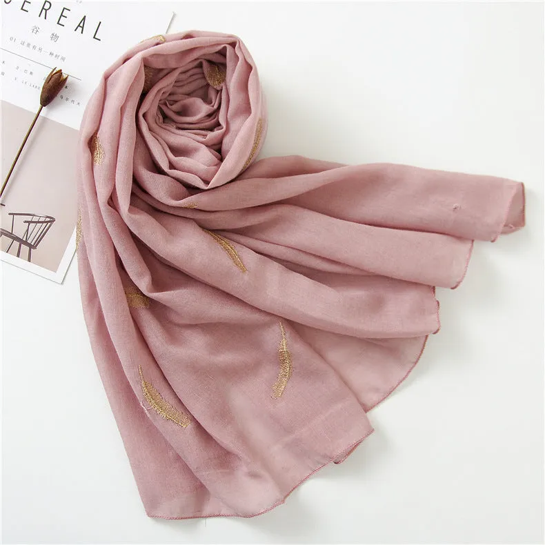 Feather Embroidered Cotton Scarf Shawl for Women Ladies Girls