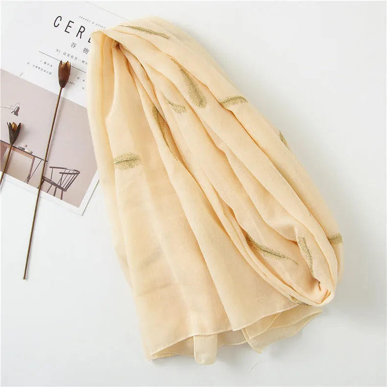 Feather Embroidered Cotton Scarf Shawl for Women Ladies Girls