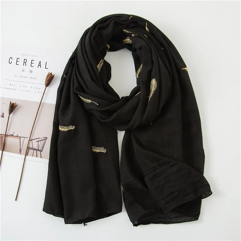 Feather Embroidered Cotton Scarf Shawl for Women Ladies Girls