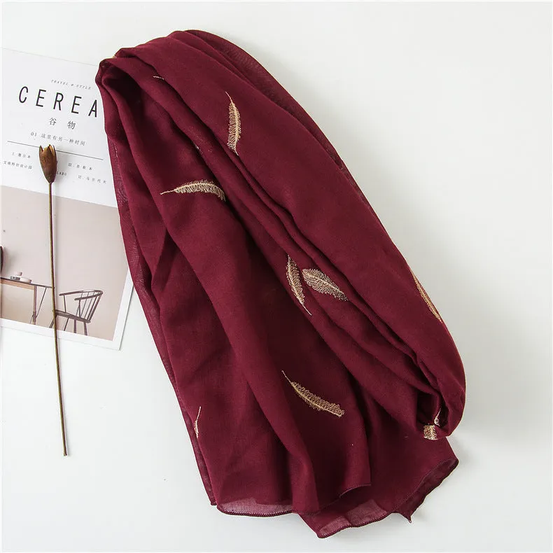 Feather Embroidered Cotton Scarf Shawl for Women Ladies Girls