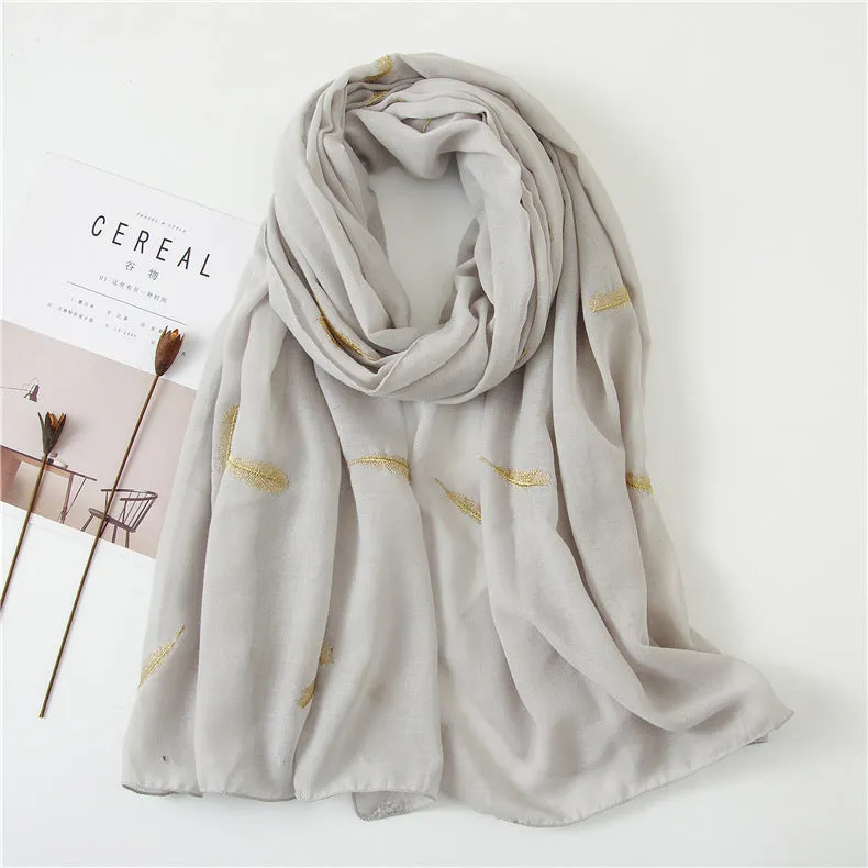 Feather Embroidered Cotton Scarf Shawl for Women Ladies Girls
