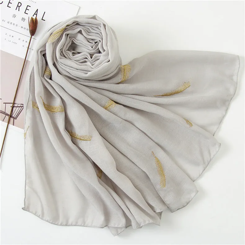 Feather Embroidered Cotton Scarf Shawl for Women Ladies Girls