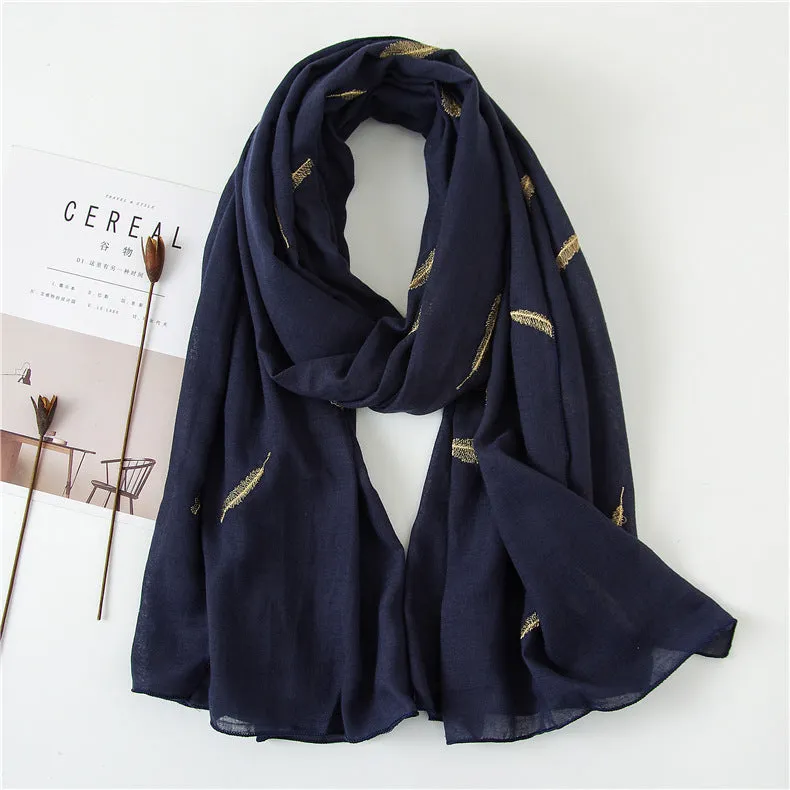 Feather Embroidered Cotton Scarf Shawl for Women Ladies Girls