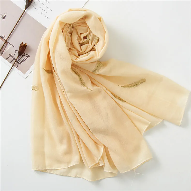 Feather Embroidered Cotton Scarf Shawl for Women Ladies Girls