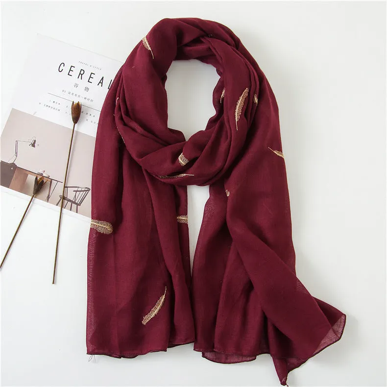 Feather Embroidered Cotton Scarf Shawl for Women Ladies Girls