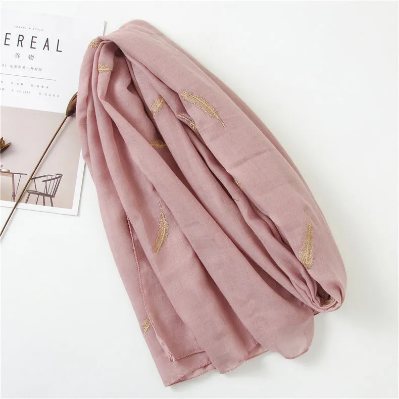 Feather Embroidered Cotton Scarf Shawl for Women Ladies Girls