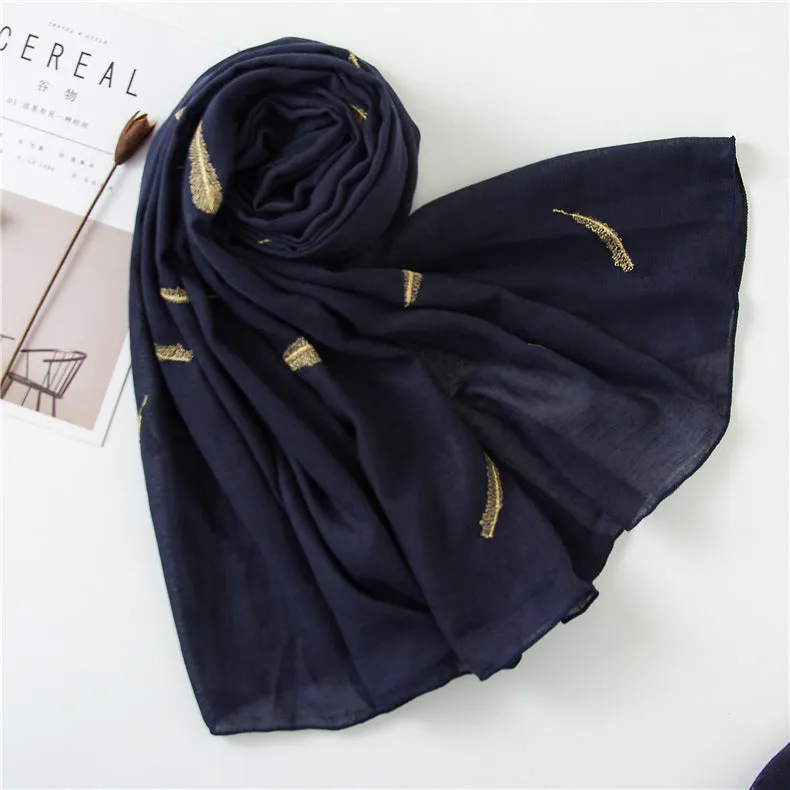 Feather Embroidered Cotton Scarf Shawl for Women Ladies Girls