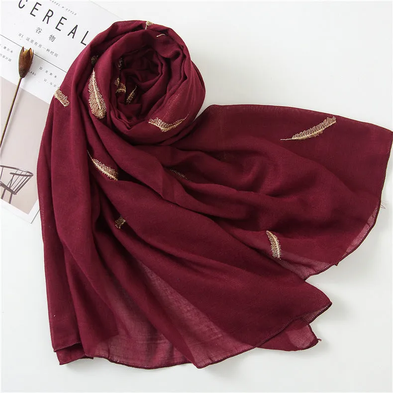 Feather Embroidered Cotton Scarf Shawl for Women Ladies Girls