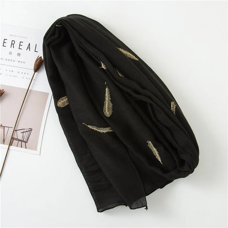 Feather Embroidered Cotton Scarf Shawl for Women Ladies Girls