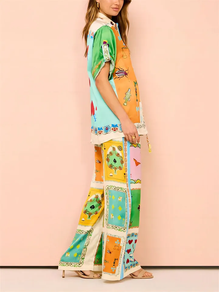 Female Holiday Retro Poker Print Shirt   Straight-Leg Pants