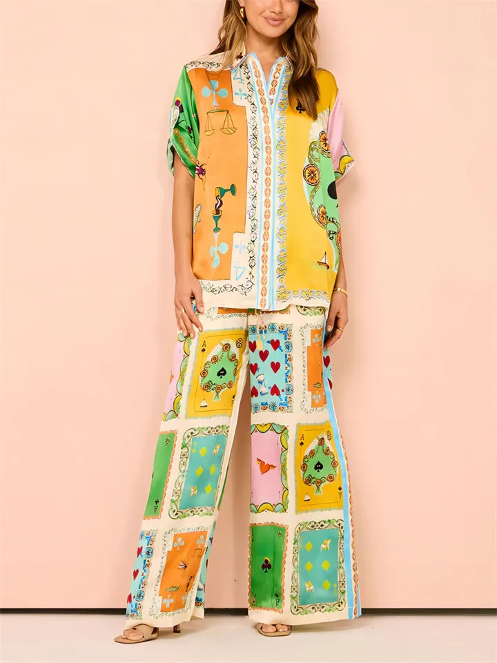 Female Holiday Retro Poker Print Shirt   Straight-Leg Pants
