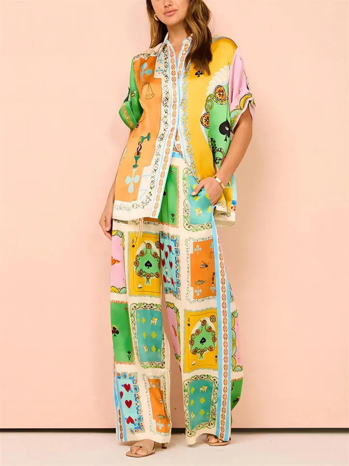 Female Holiday Retro Poker Print Shirt   Straight-Leg Pants