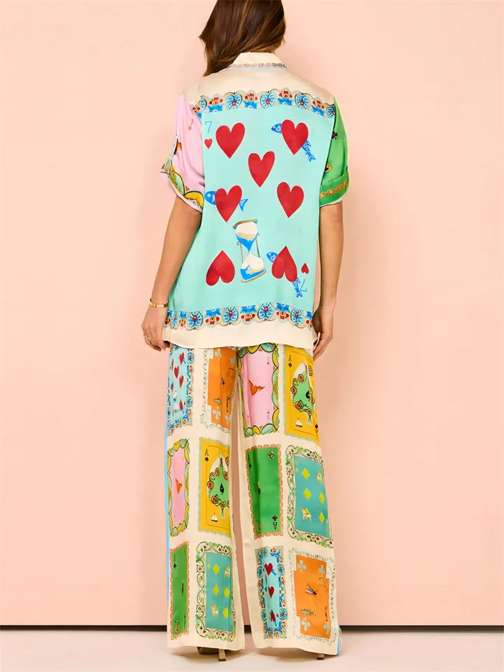 Female Holiday Retro Poker Print Shirt   Straight-Leg Pants