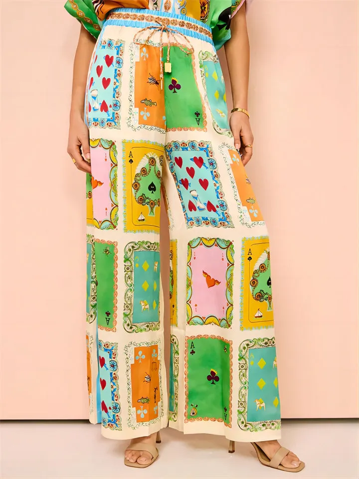 Female Holiday Retro Poker Print Shirt   Straight-Leg Pants