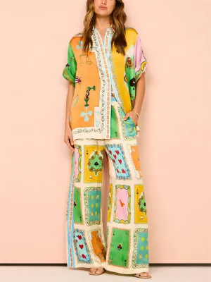 Female Holiday Retro Poker Print Shirt   Straight-Leg Pants