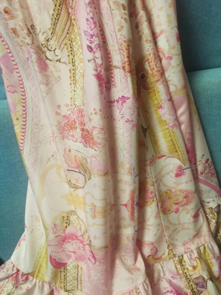 Fia Print V Neck Lantern Sleeve Big Swing Dress