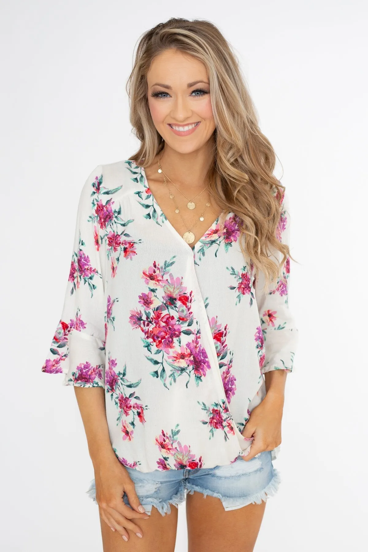 Floral Affection Wrap Blouse- Ivory