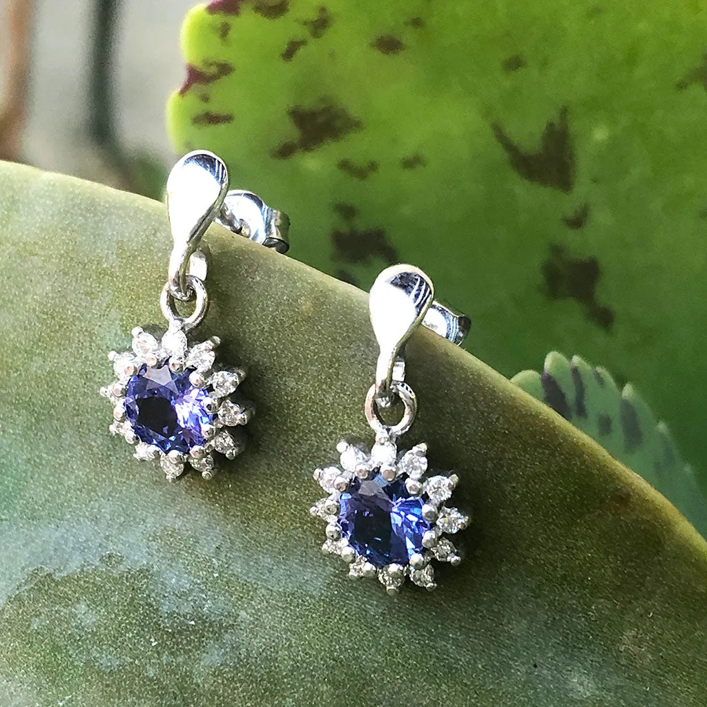 Floral Diamond Halo Tanzanite Drop Earrings