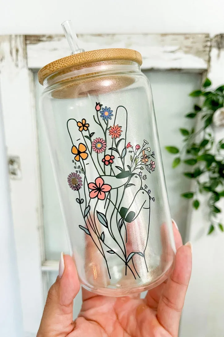 Floral Peace Sign 16 Oz Glass Can Libby Cup
