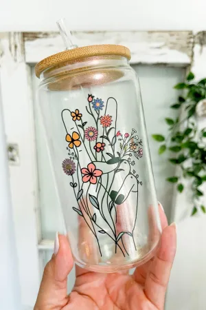 Floral Peace Sign 16 Oz Glass Can Libby Cup