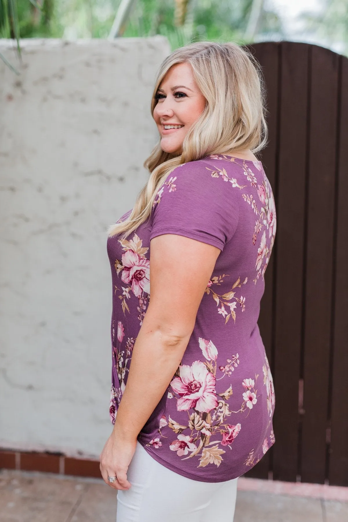 Floral Short Sleeve Plum Criss Cross