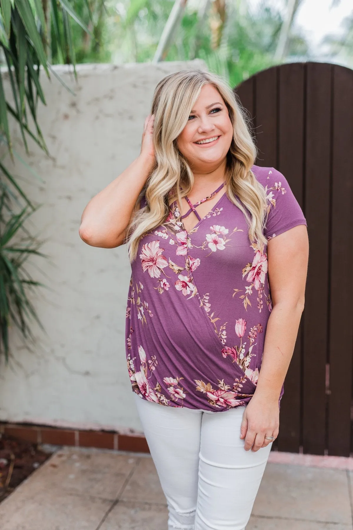 Floral Short Sleeve Plum Criss Cross