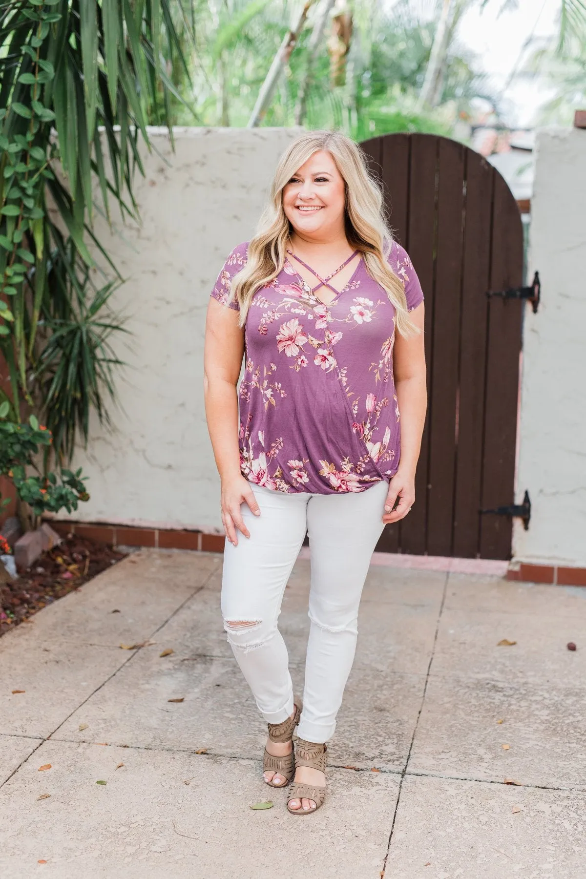 Floral Short Sleeve Plum Criss Cross