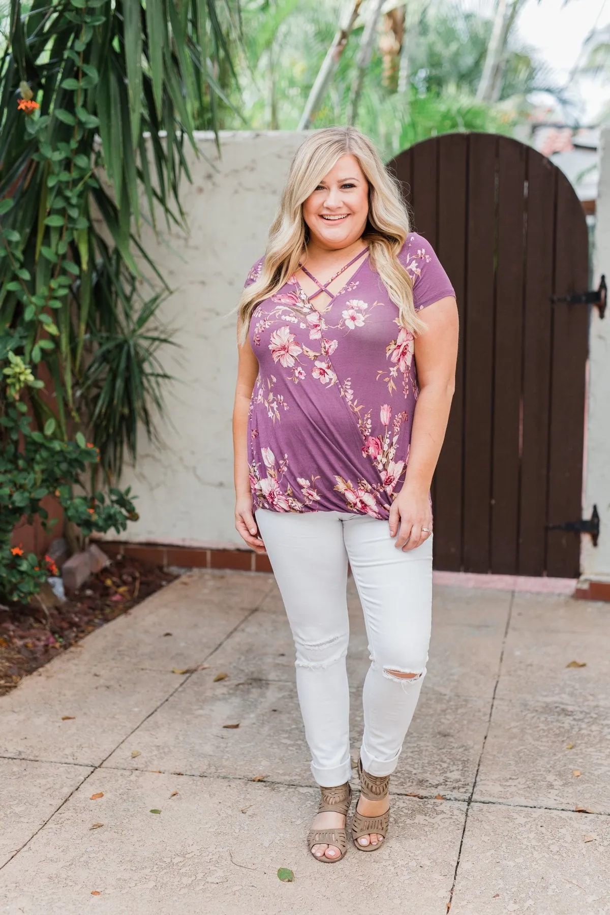 Floral Short Sleeve Plum Criss Cross