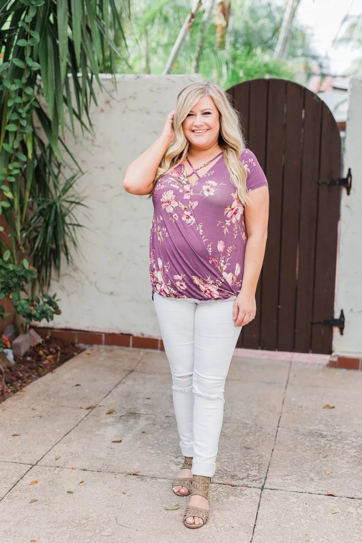Floral Short Sleeve Plum Criss Cross
