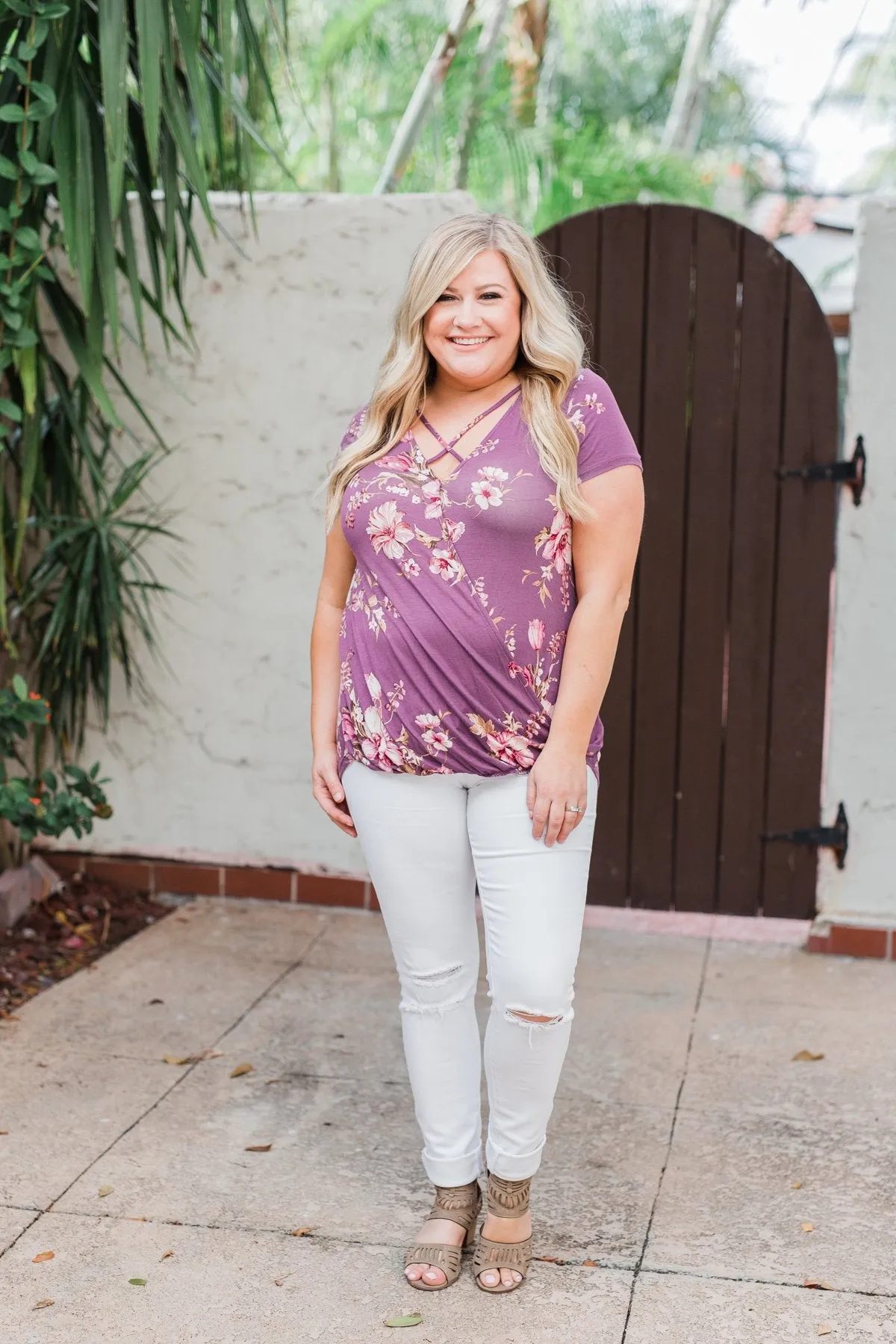 Floral Short Sleeve Plum Criss Cross