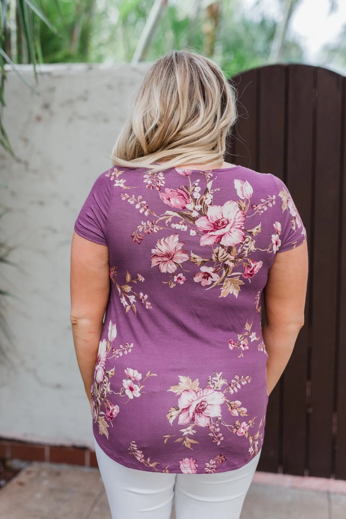 Floral Short Sleeve Plum Criss Cross