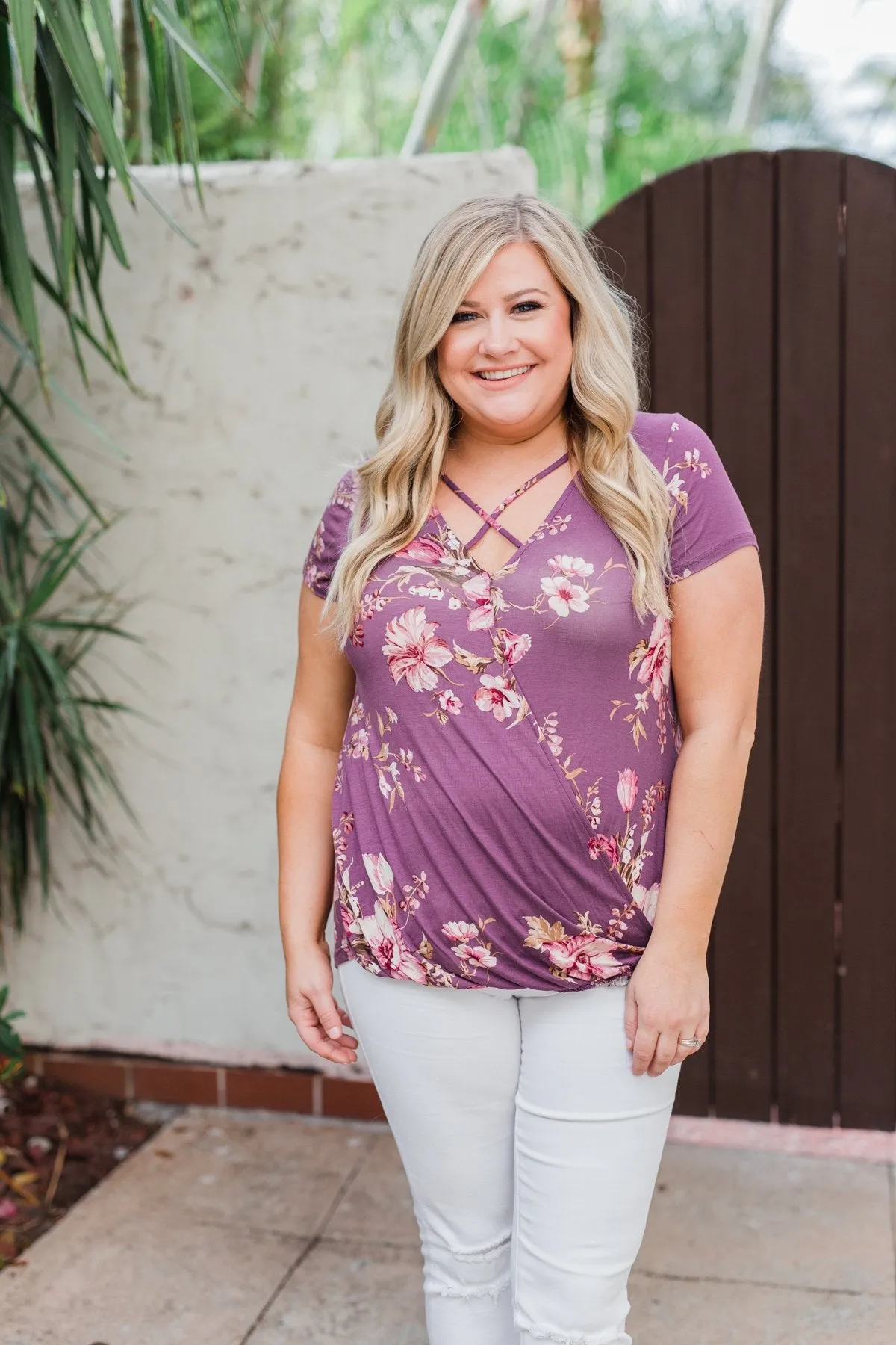 Floral Short Sleeve Plum Criss Cross