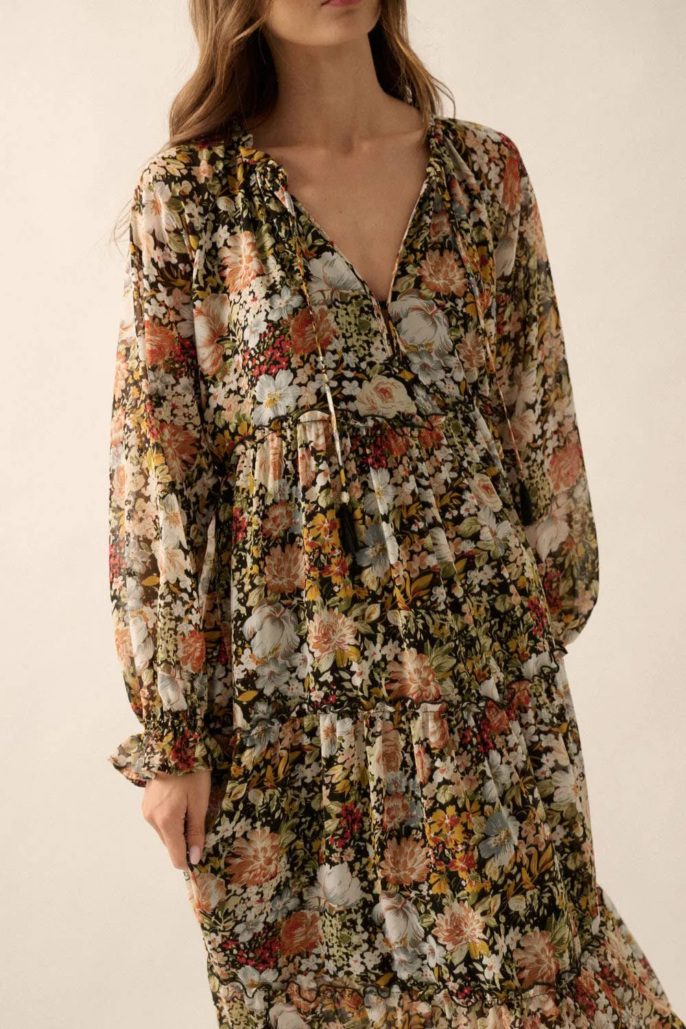 Floral V-Neck Chiffon Midi Dress