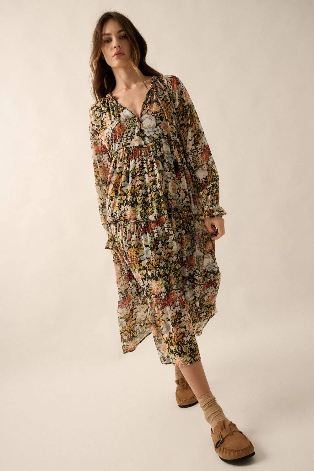 Floral V-Neck Chiffon Midi Dress
