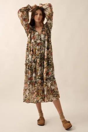 Floral V-Neck Chiffon Midi Dress