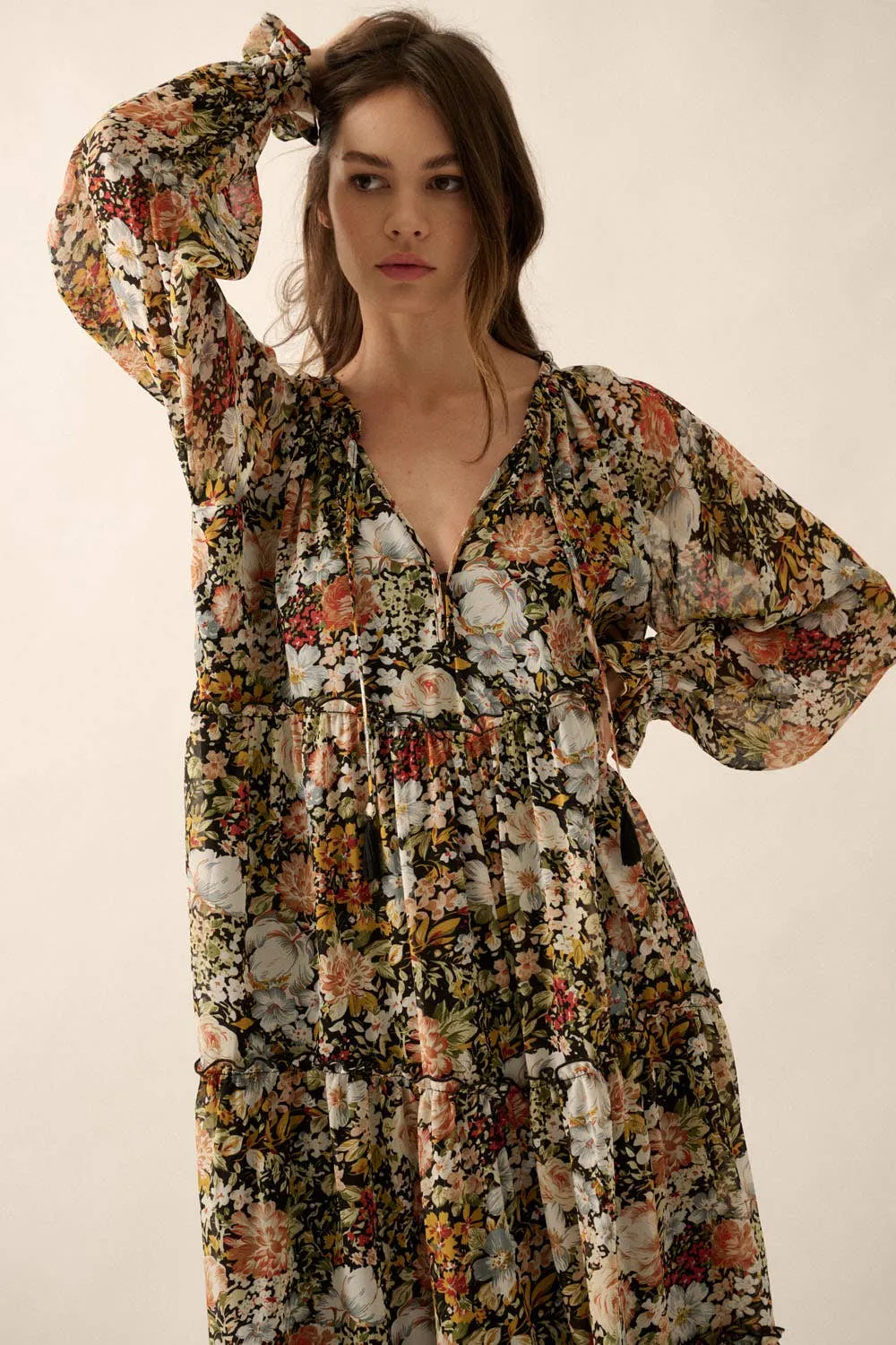 Floral V-Neck Chiffon Midi Dress