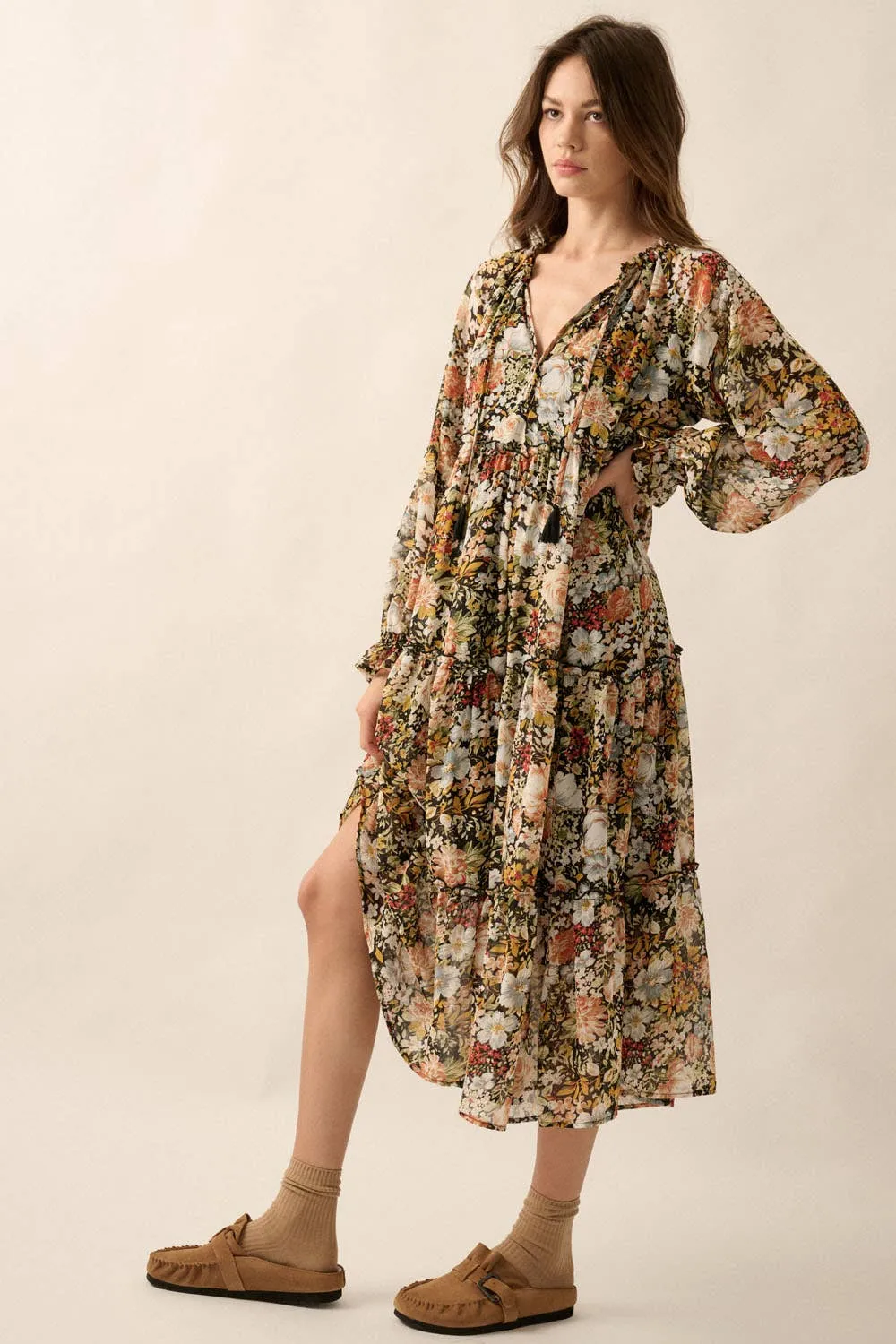 Floral V-Neck Chiffon Midi Dress