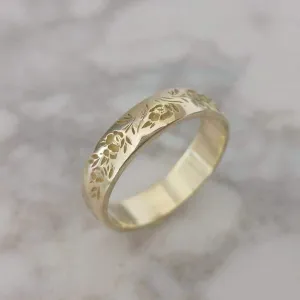 Floral wedding band, 14k gold vintage style floral ring