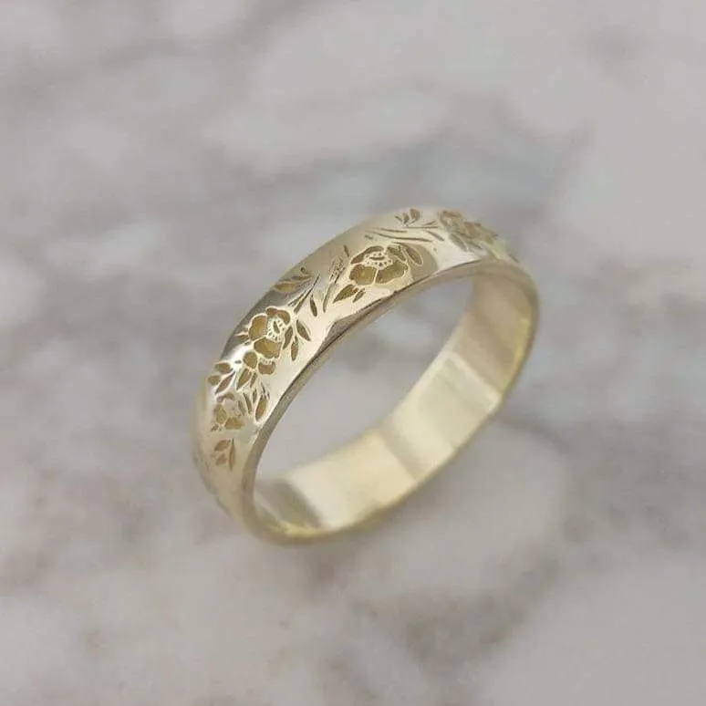 Floral wedding band, 14k gold vintage style floral ring