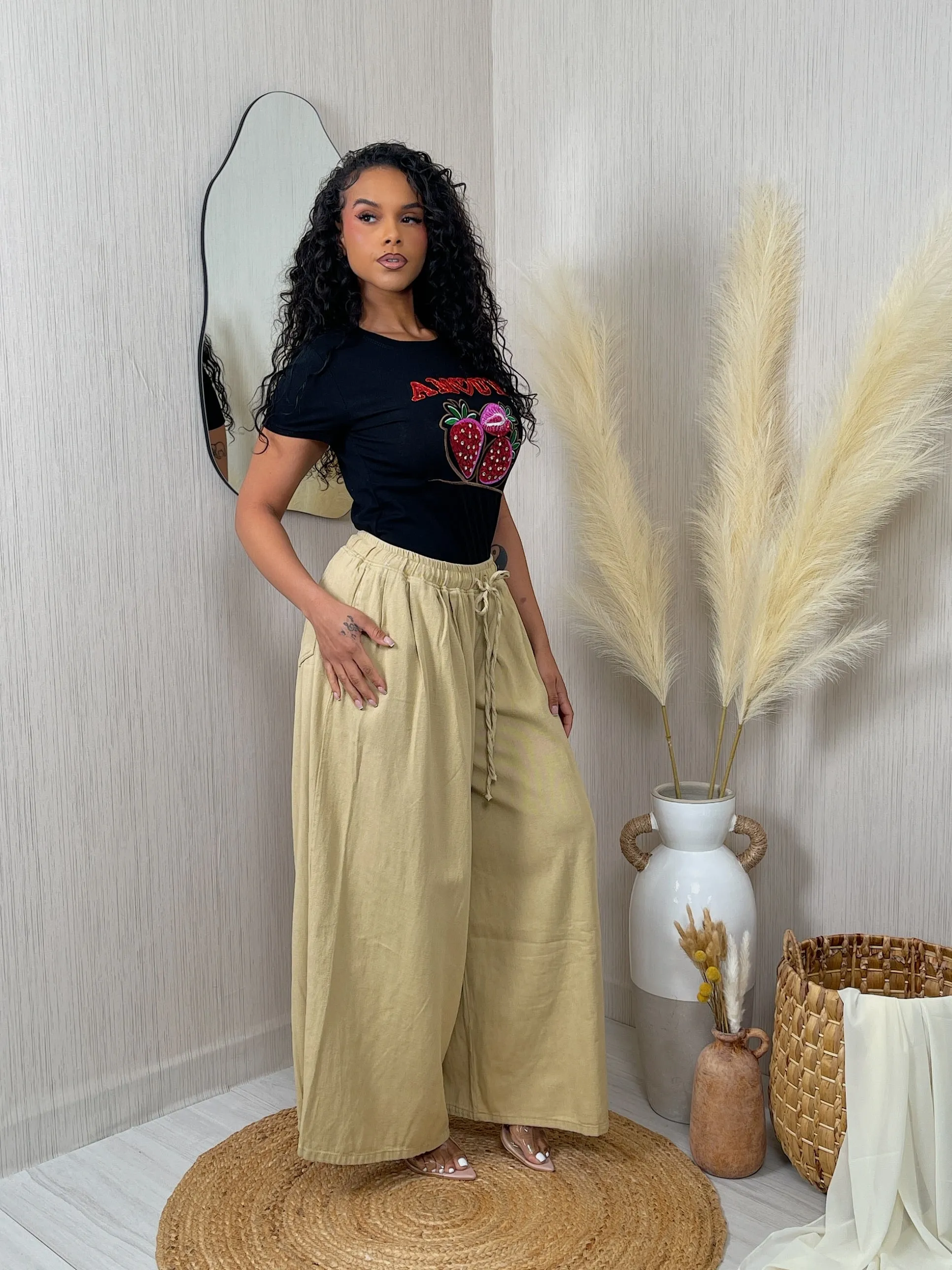 FP497-1P - TWILL WIDE LEG PANTS