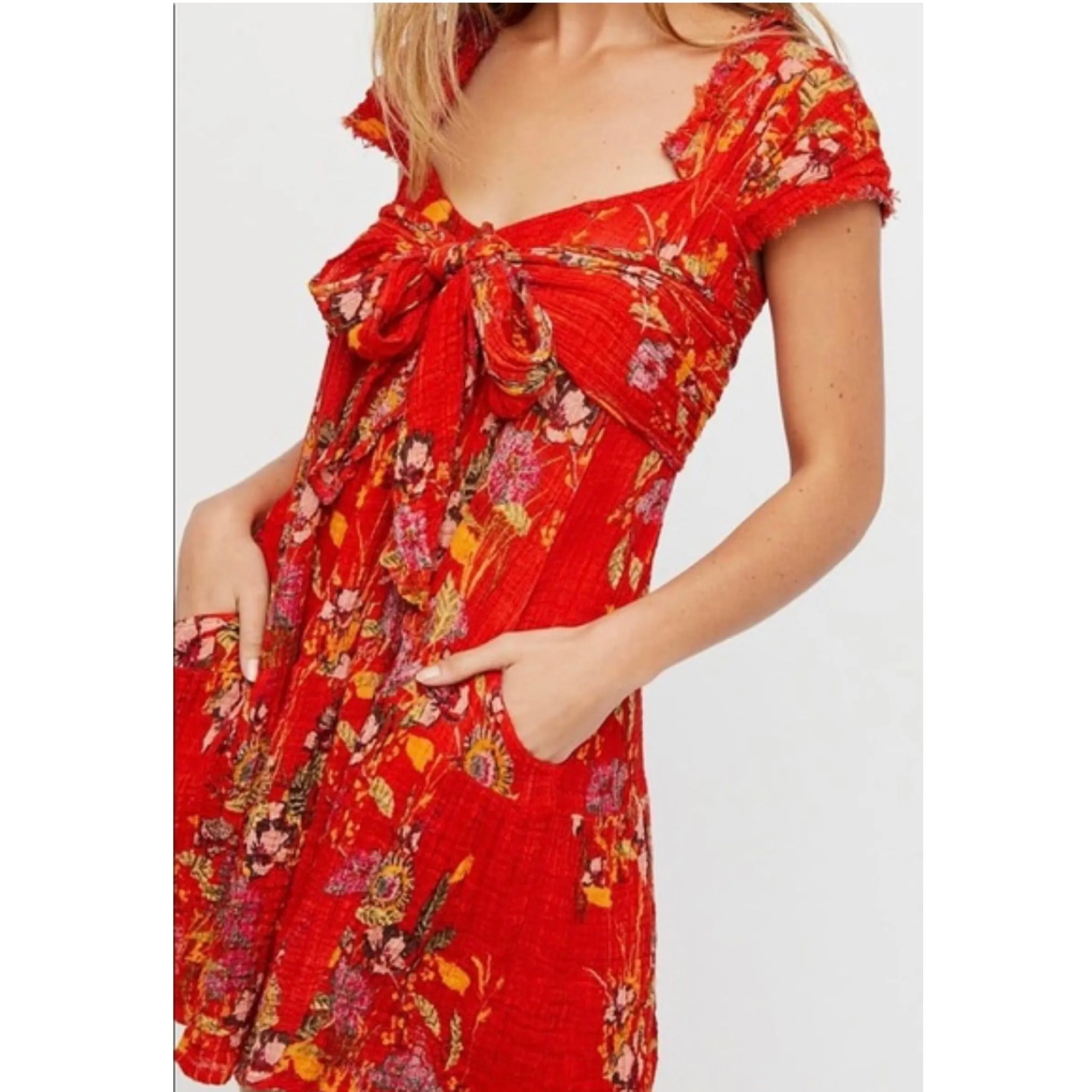 FREE PEOPLE Red Floral Wrap Dress Size Small