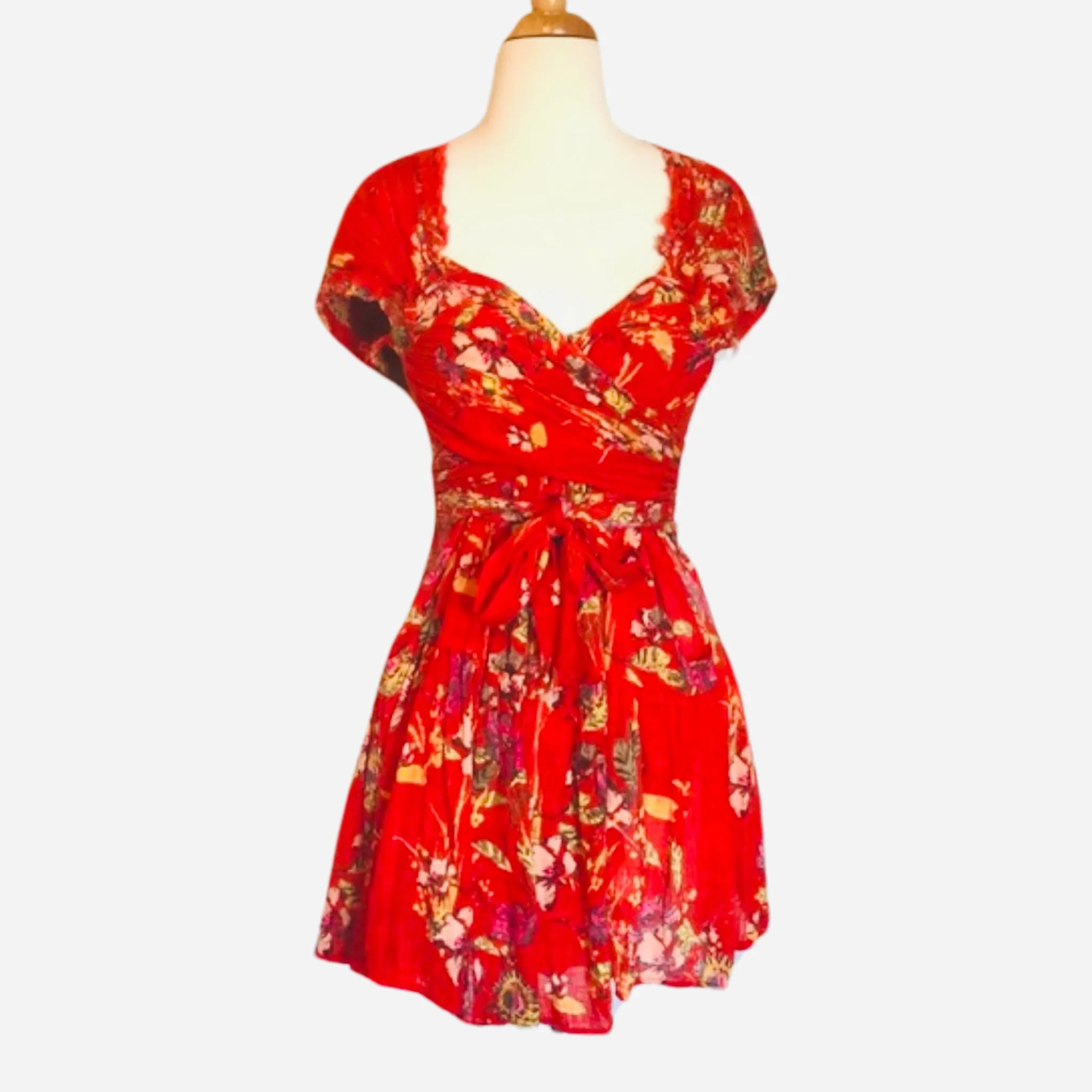 FREE PEOPLE Red Floral Wrap Dress Size Small