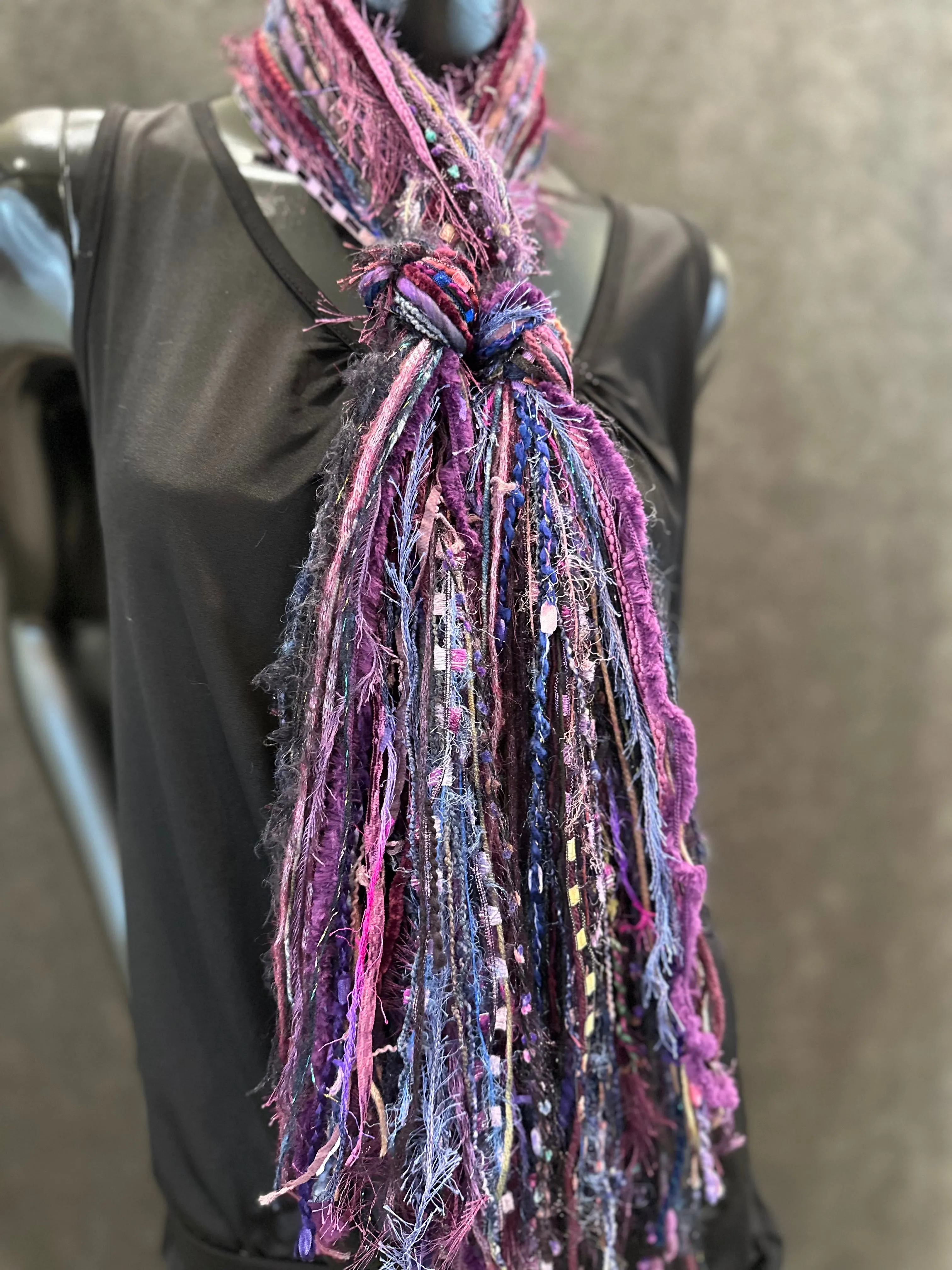 Fringie art Yarn Scarf, art Scarf in purple blue black jewel shades, indie scarf, boho accessories, short scarf