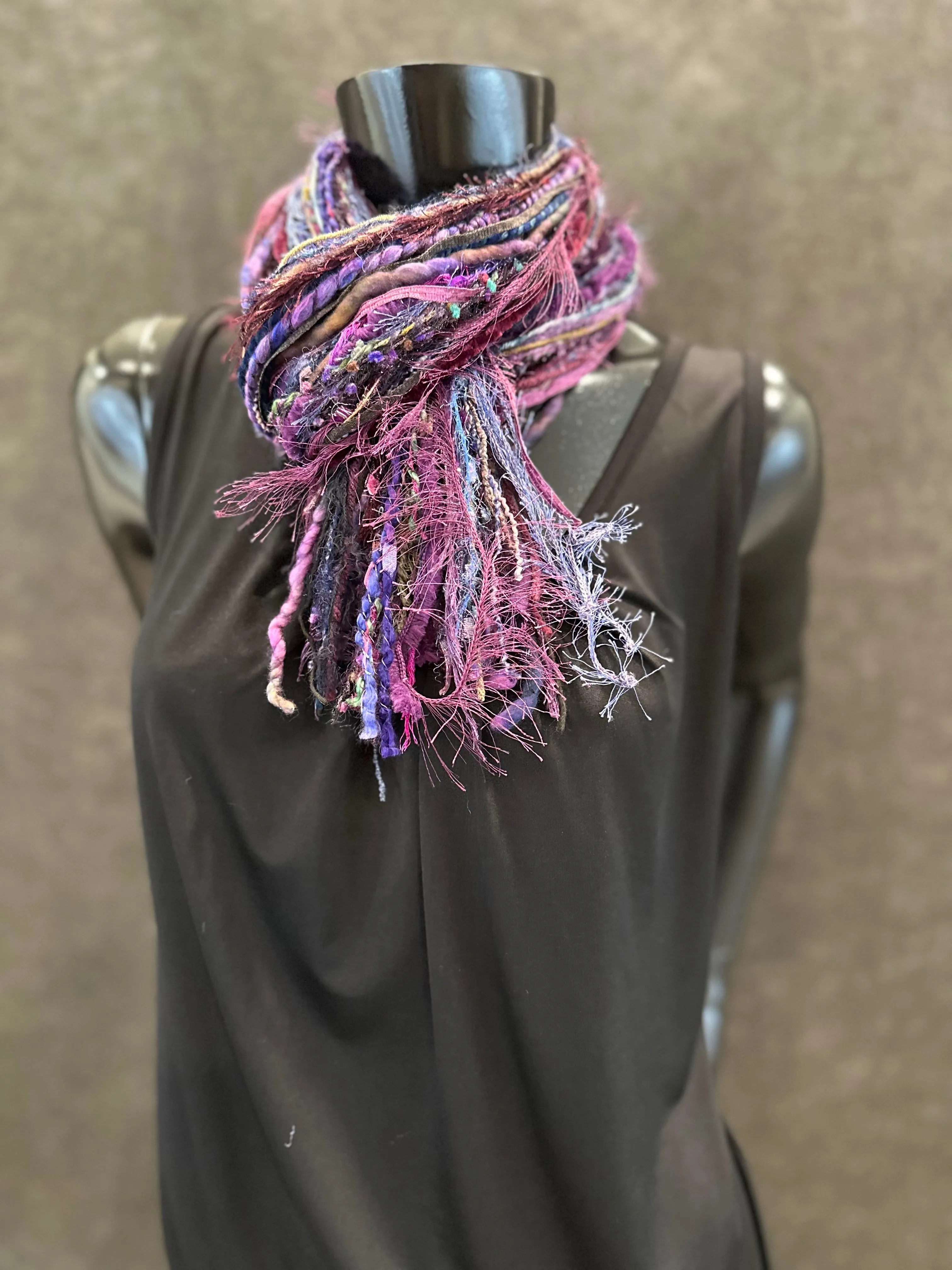 Fringie art Yarn Scarf, art Scarf in purple blue black jewel shades, indie scarf, boho accessories, short scarf