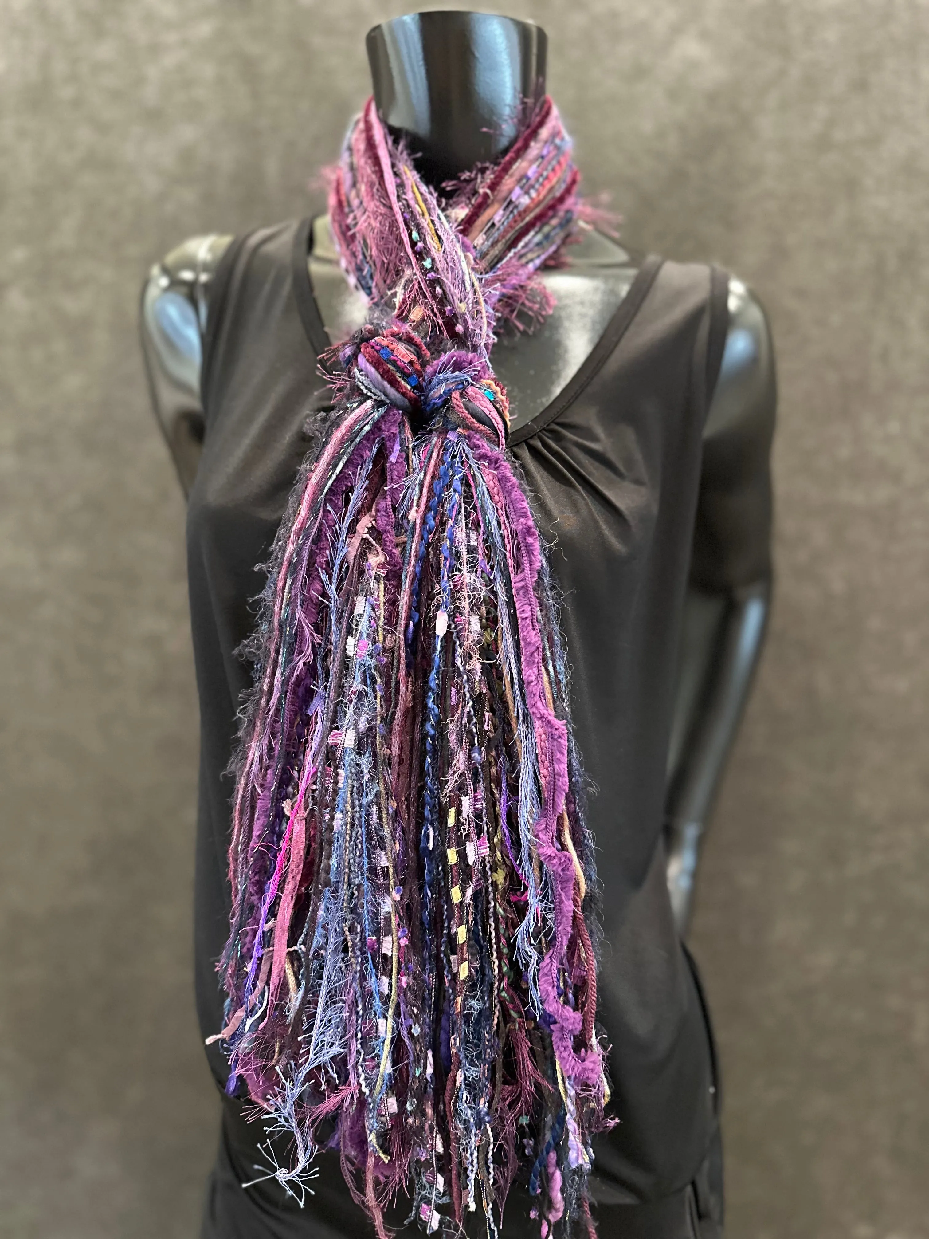Fringie art Yarn Scarf, art Scarf in purple blue black jewel shades, indie scarf, boho accessories, short scarf