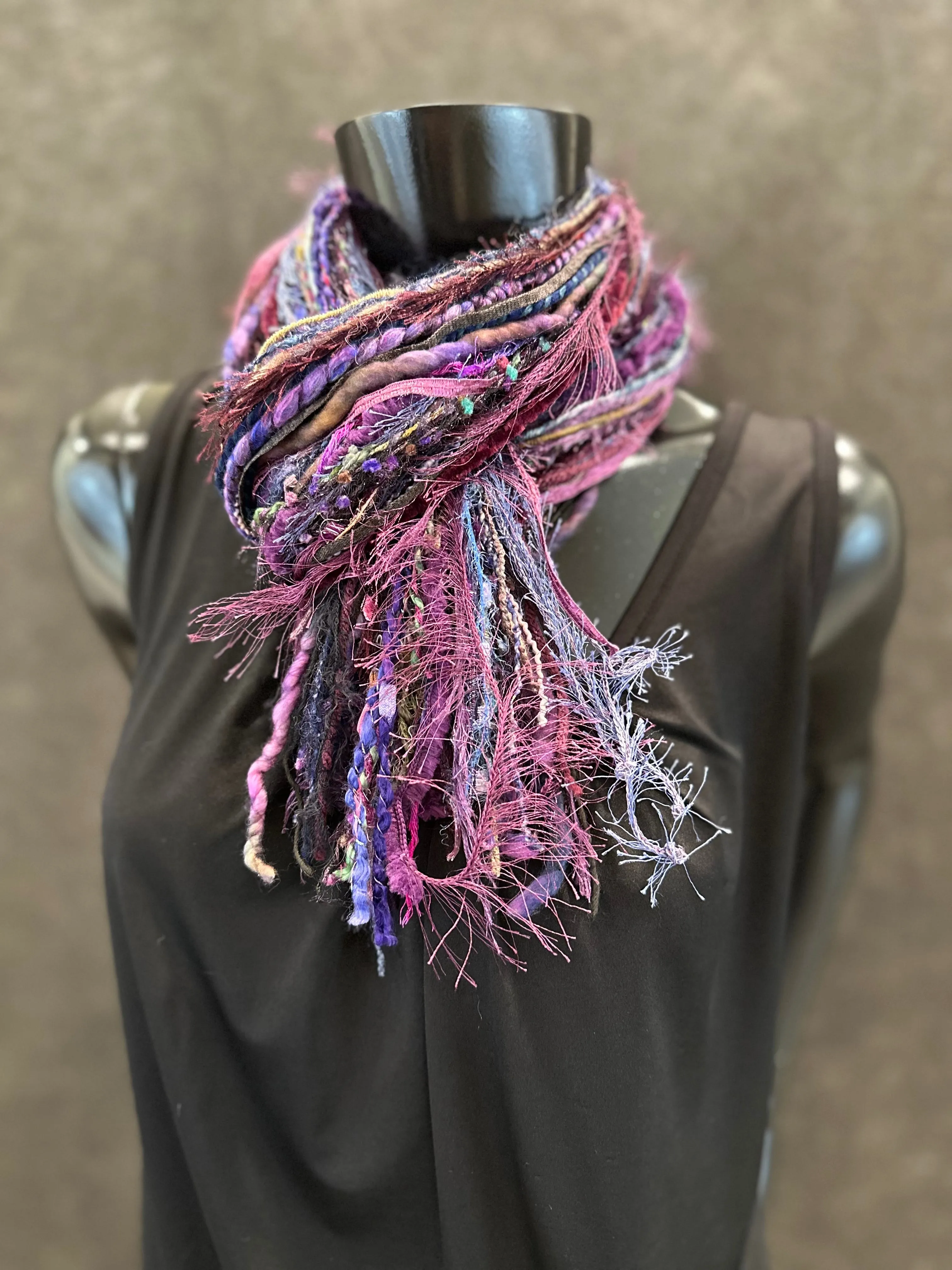 Fringie art Yarn Scarf, art Scarf in purple blue black jewel shades, indie scarf, boho accessories, short scarf
