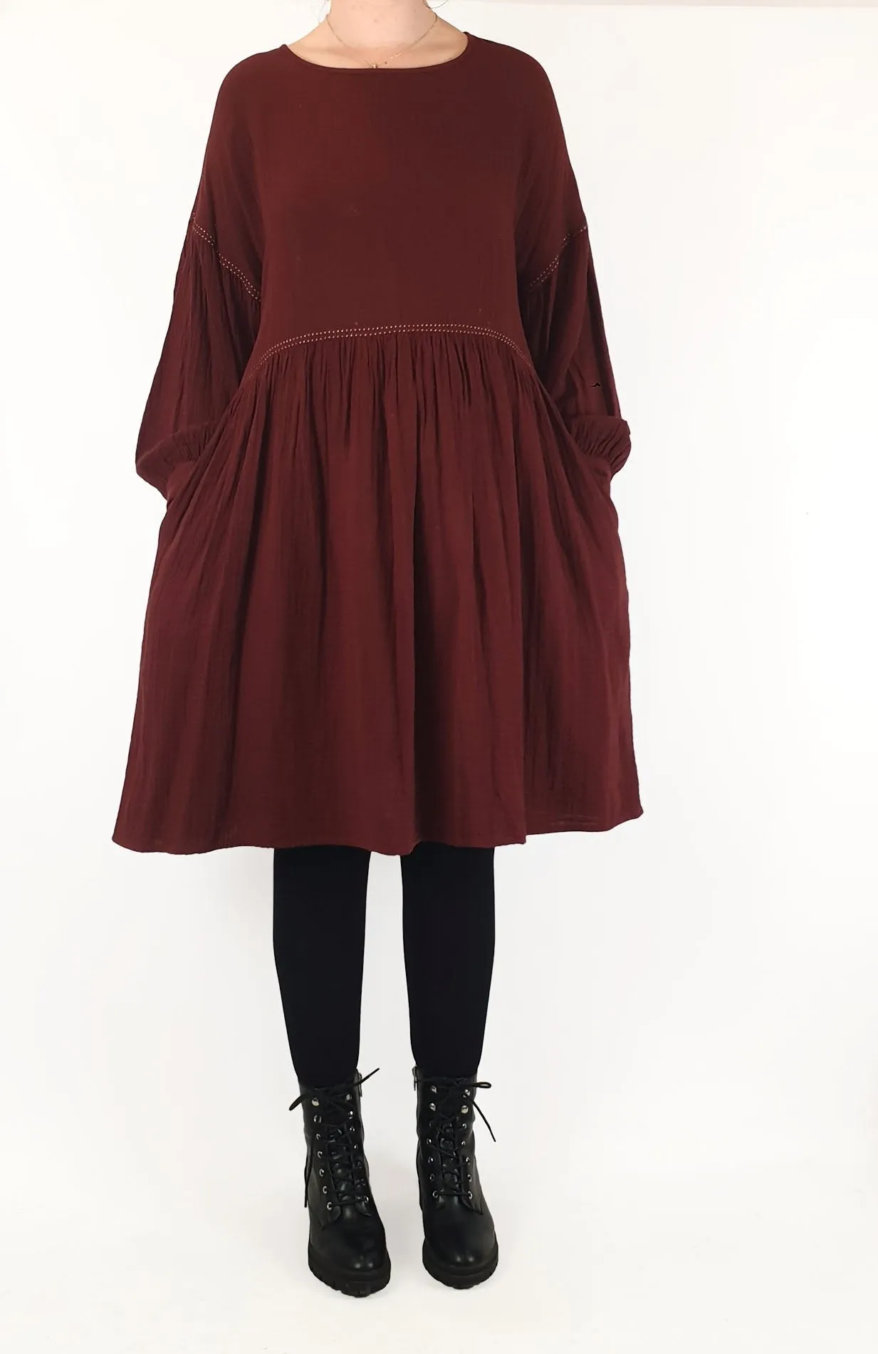 Gorman deep red cotton long sleeve dress with contrasting stitching size 12