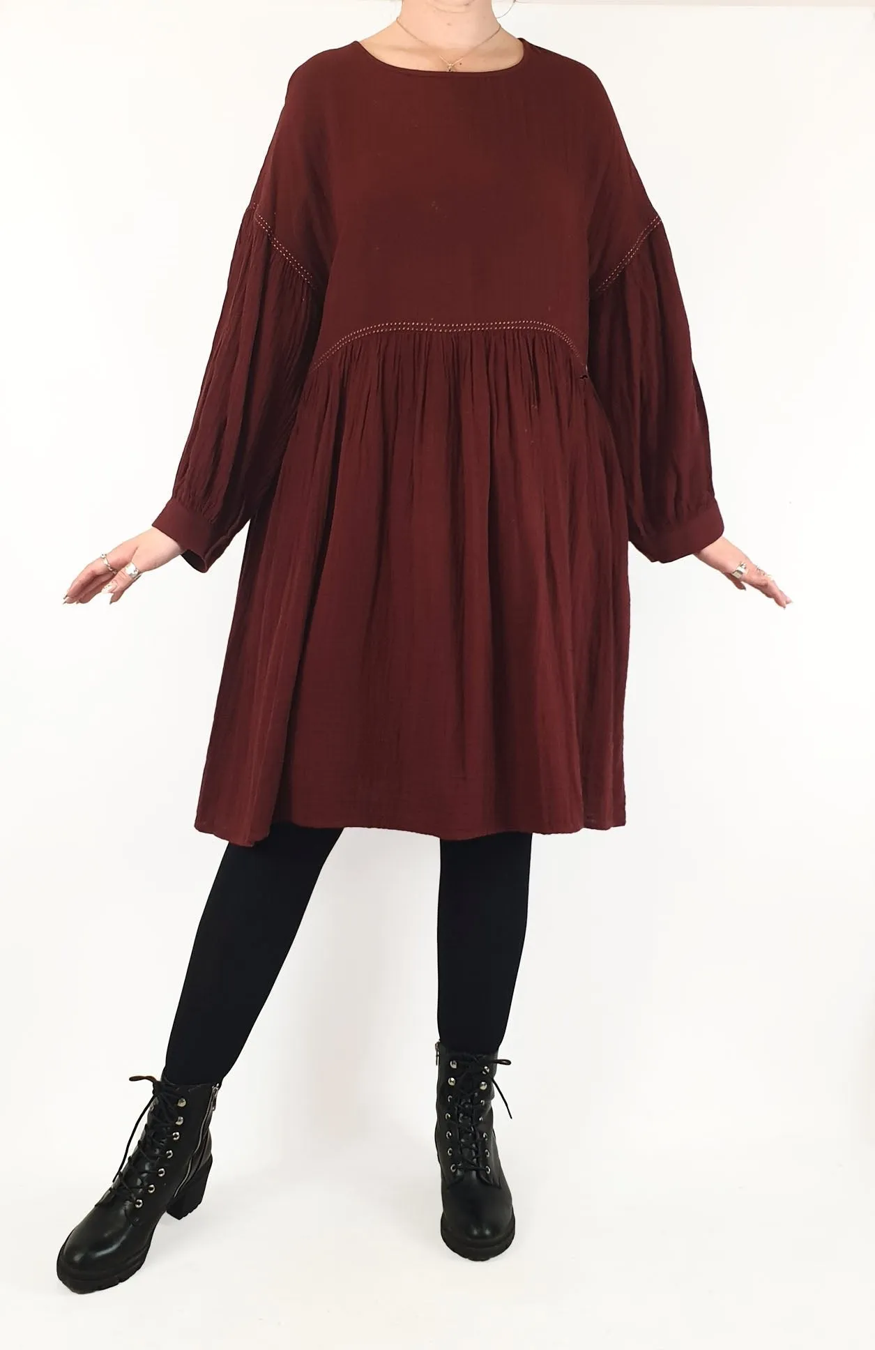 Gorman deep red cotton long sleeve dress with contrasting stitching size 12
