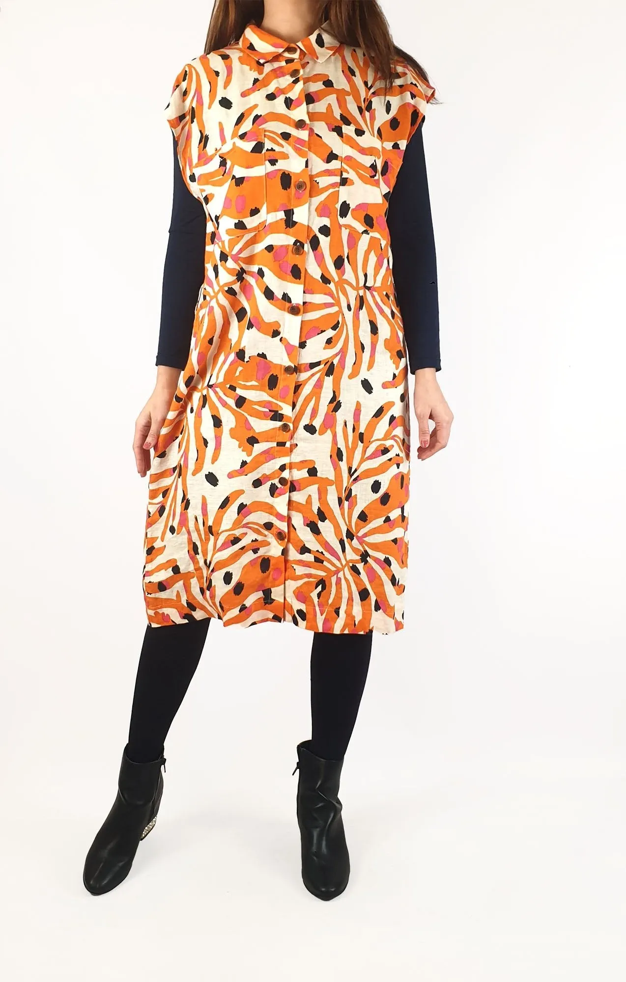 Gorman orange animal print 100% linen sleeveless shirt dress size 10