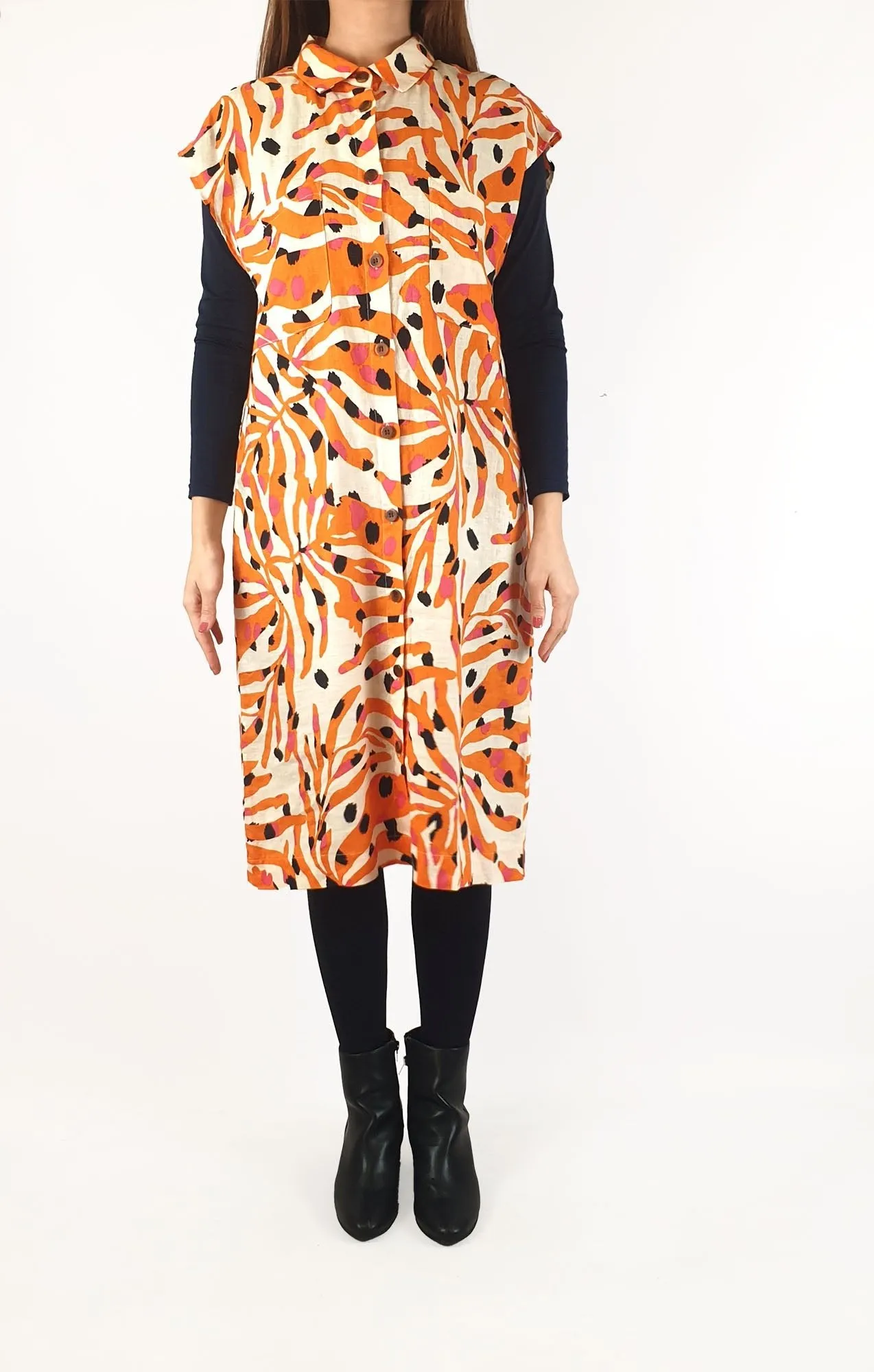 Gorman orange animal print 100% linen sleeveless shirt dress size 10